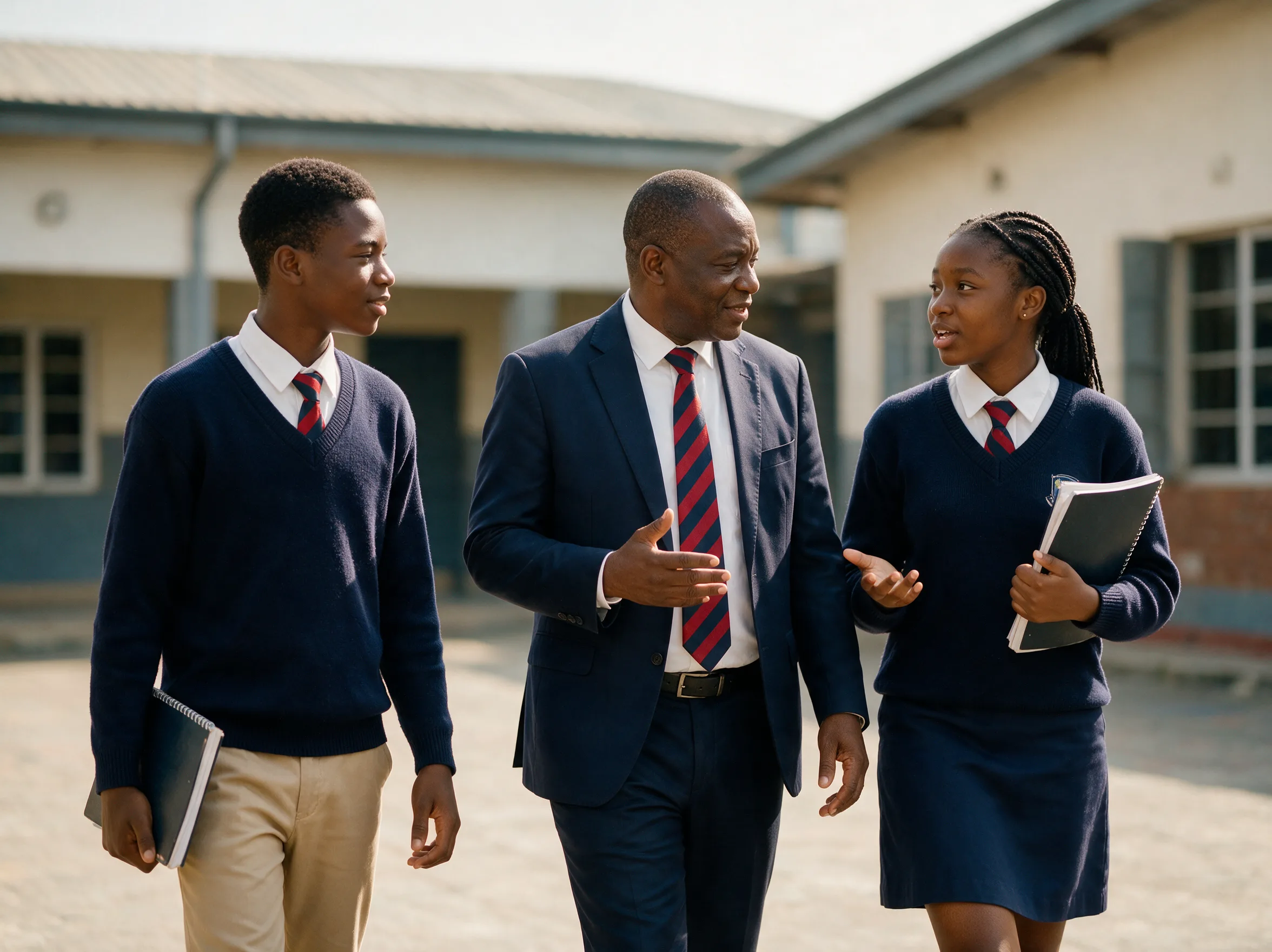 A school leader walks and listens as a student shares an idea on the school grounds.