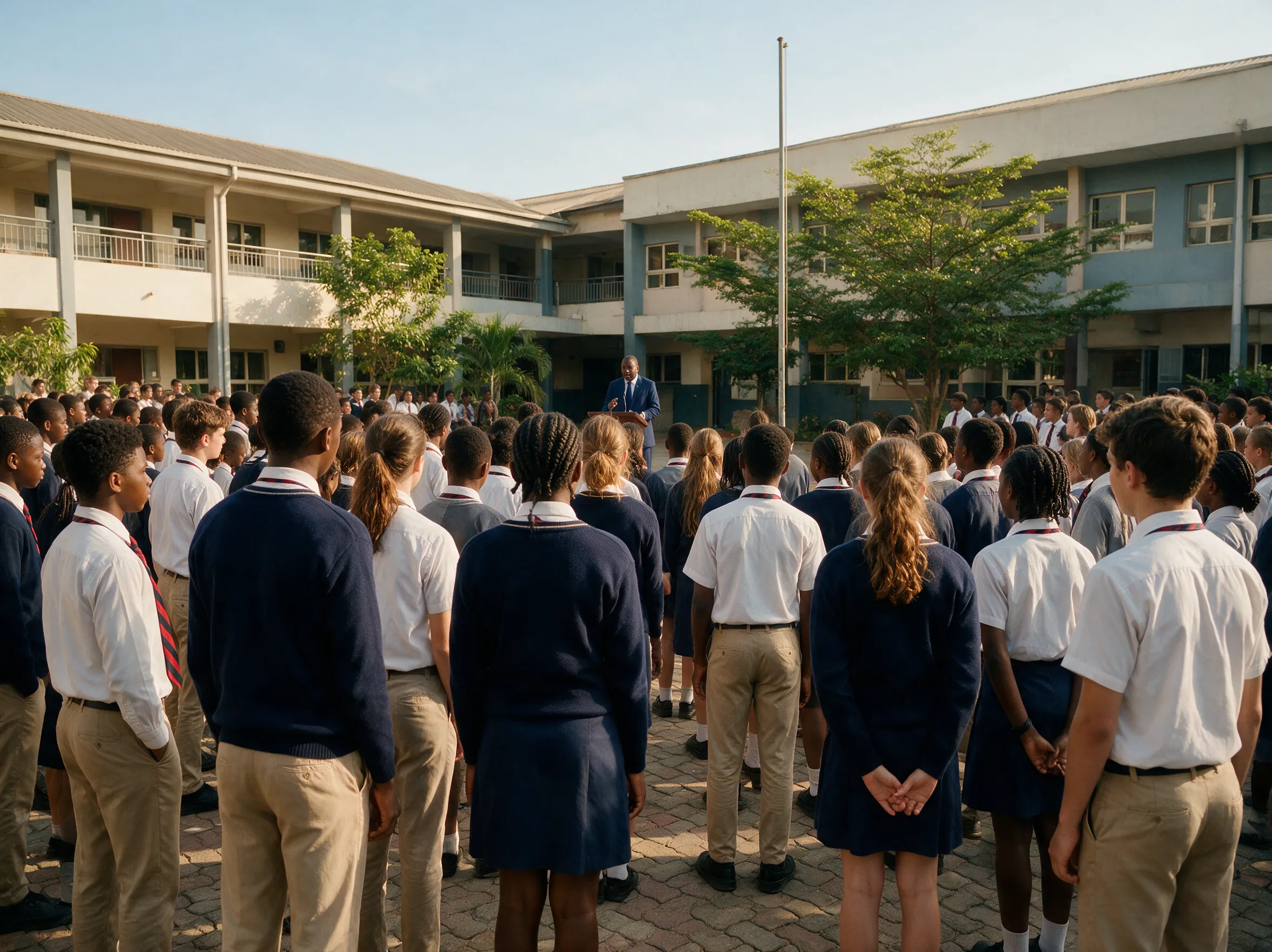 A school leader addresses students gathered for a morning assembly.