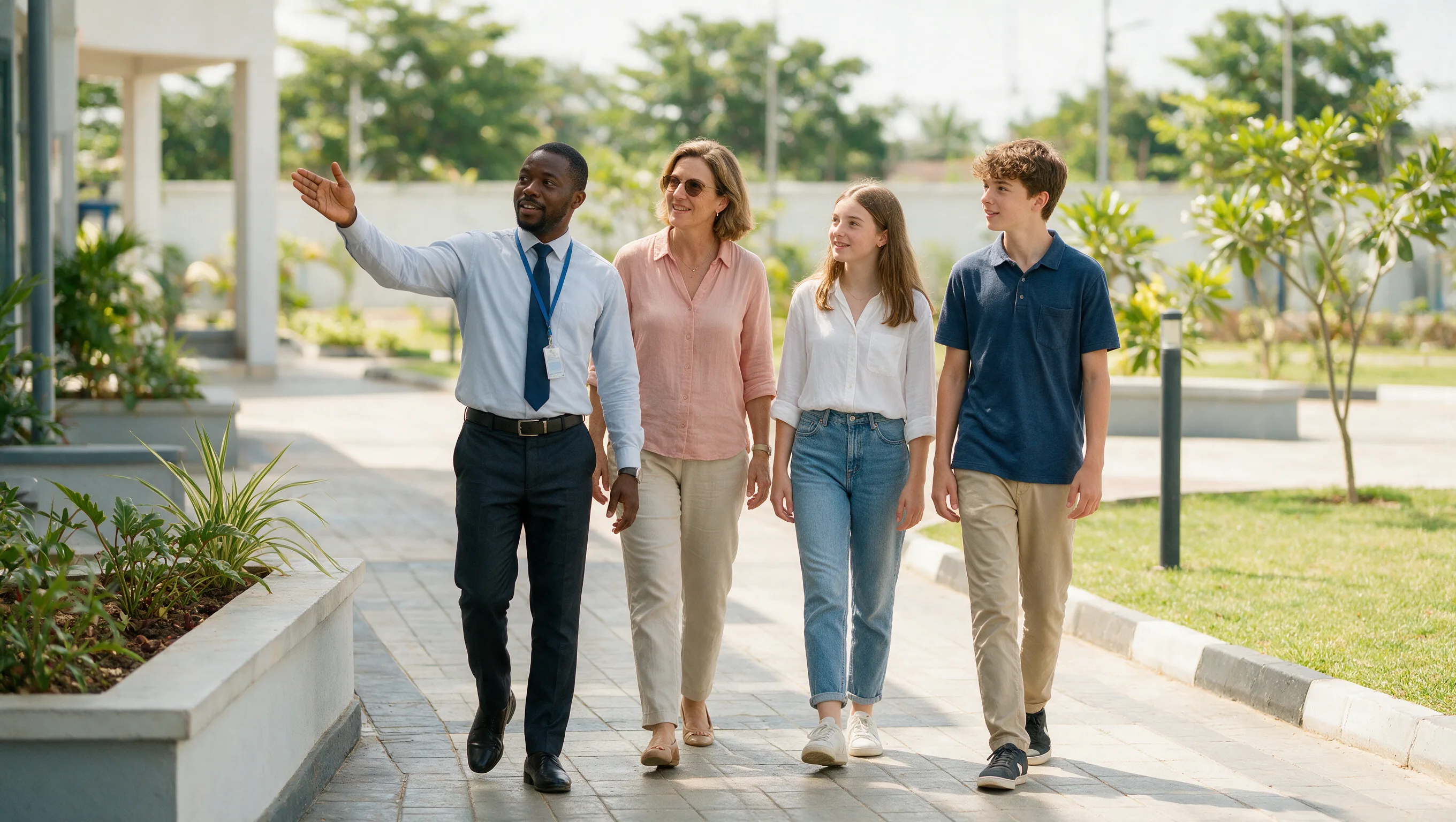 A staff member points out a learning space to a visiting family on a school walkway.