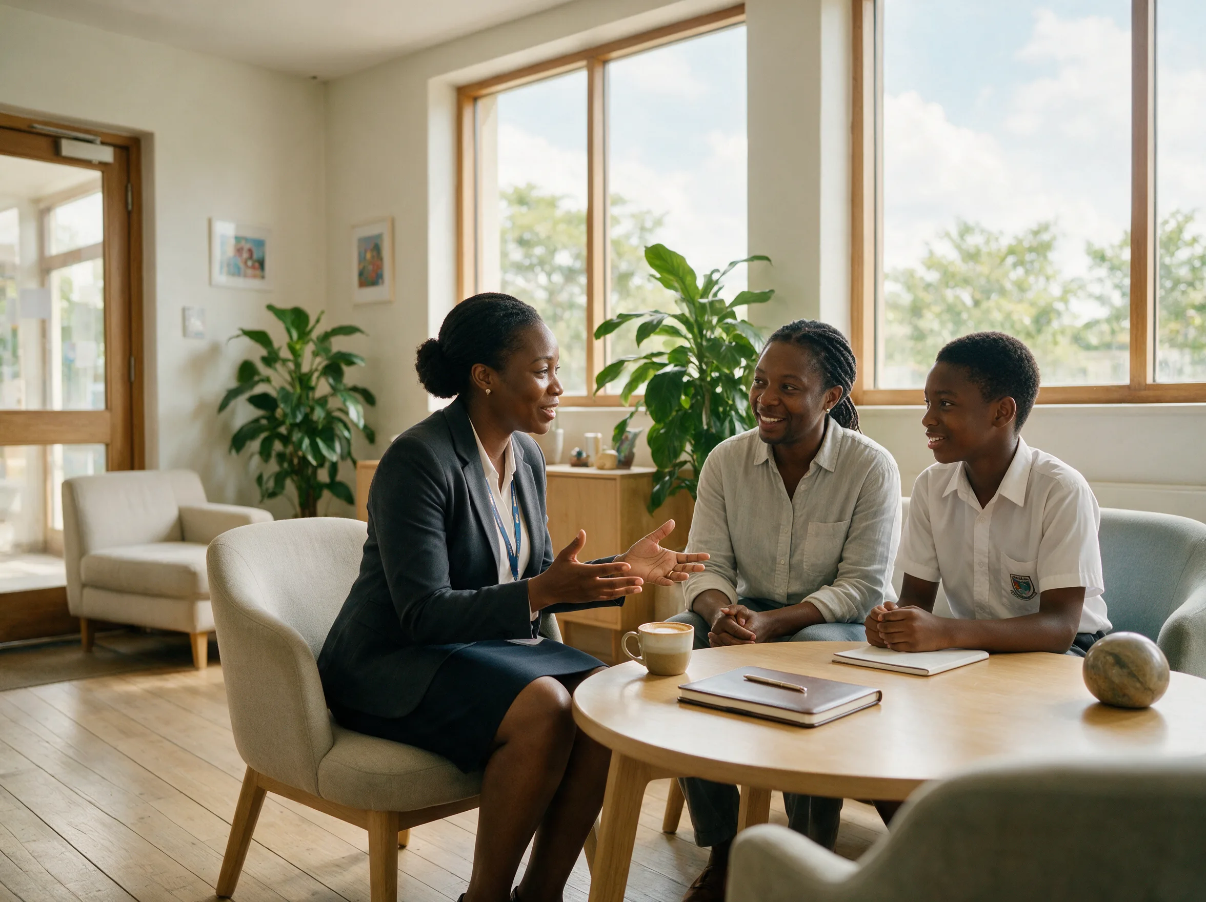 An admissions staff member talks with a visiting parent and student at a meeting table.