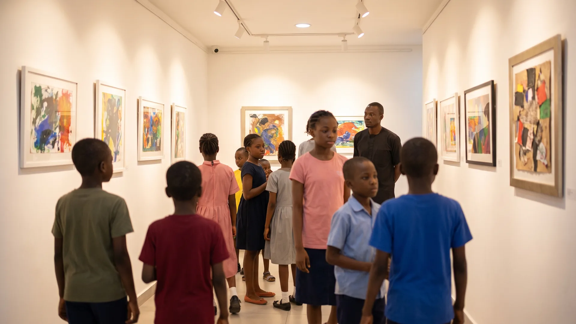 Framed abstract paintings line the walls of a bright gallery corridor while children and an adult look at the work.
