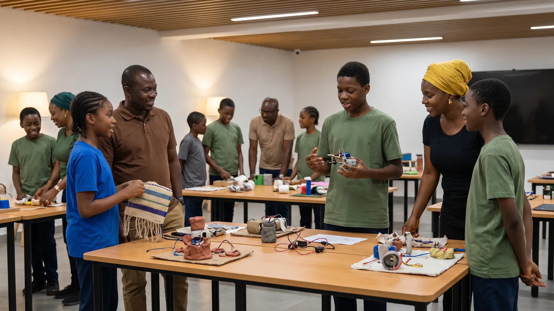 Children stand behind display tables showing handmade objects and small electronic models, talking with adults who have stopped to look.