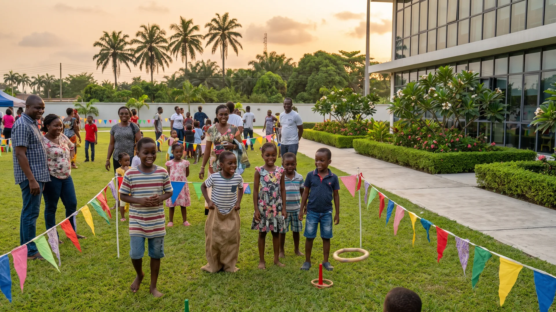 Children play a sack race and ring toss on a school lawn strung with colourful bunting, watched by families, with a modern school building behind.