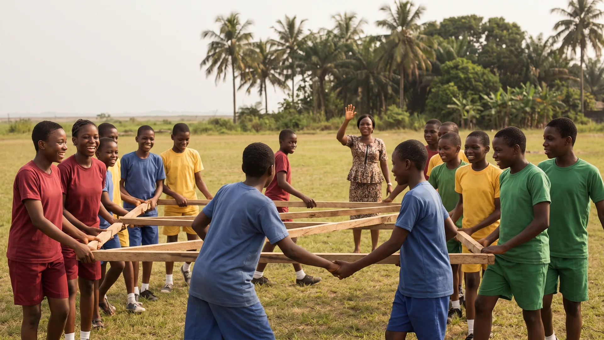 Older children in coloured team shirts hold wooden beams together in a cooperative task on a grass field, with an educator watching from behind.