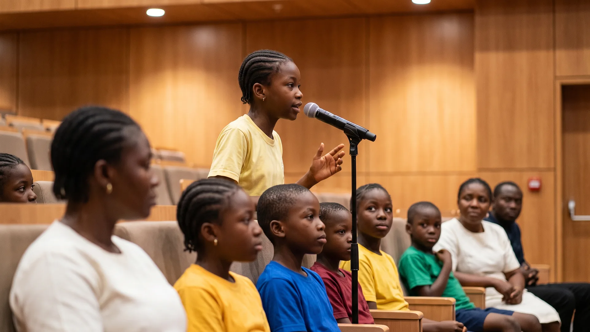 A child speaks into a microphone on a stand in a wood-panelled hall while other children and adults listen from their seats.