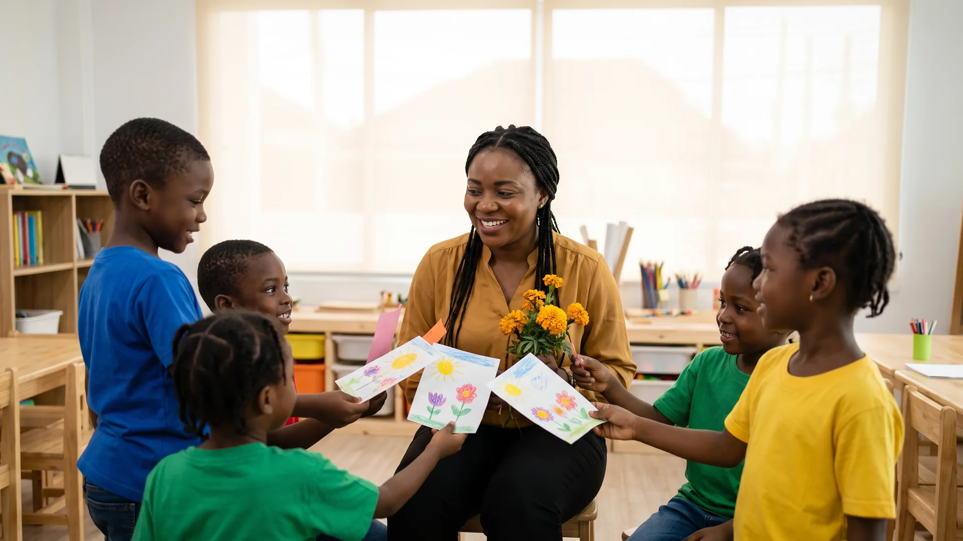 Children hold out hand-drawn cards and a bunch of marigolds to a smiling teacher seated among them in a bright classroom.