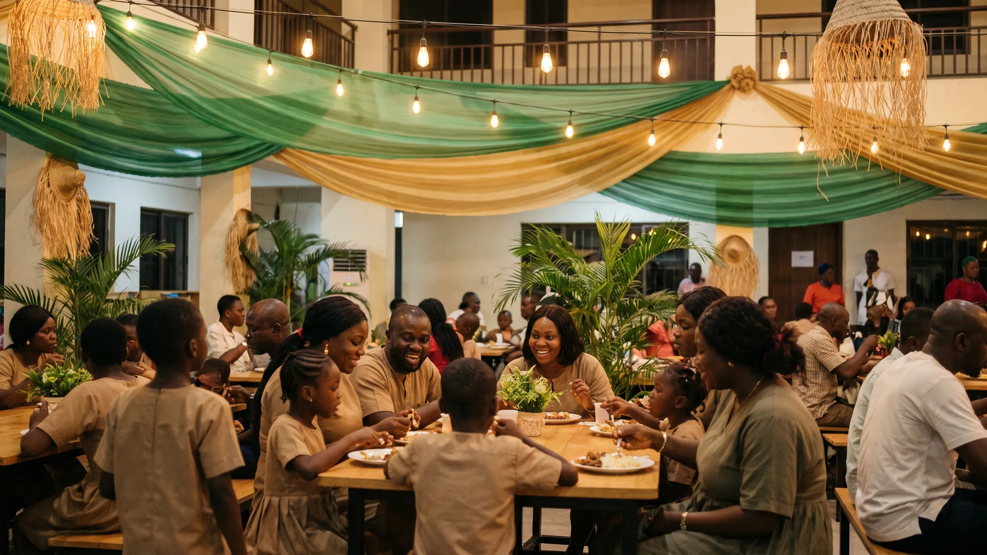 Families share a meal at long tables under warm string lights and draped green and gold fabric.