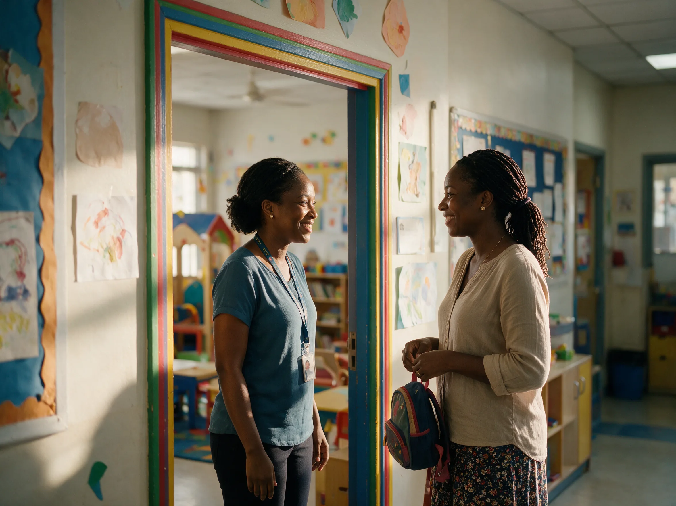 A teacher and a parent talk together at the door of an early-years classroom.