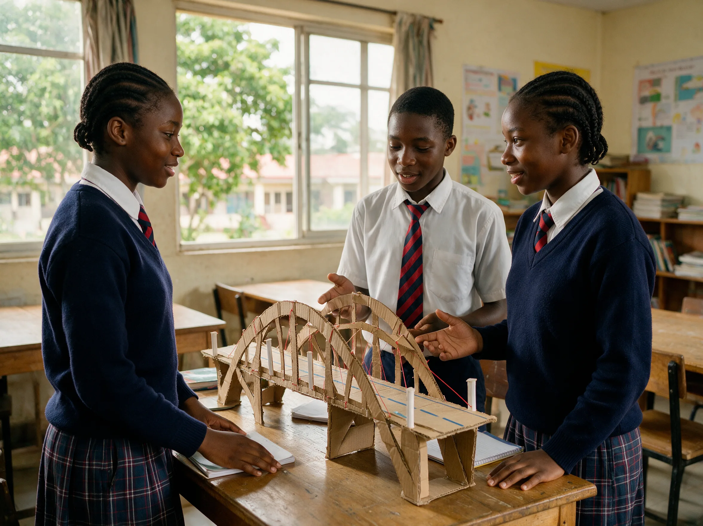 A student presents a model bridge project to two classmates at a classroom table.